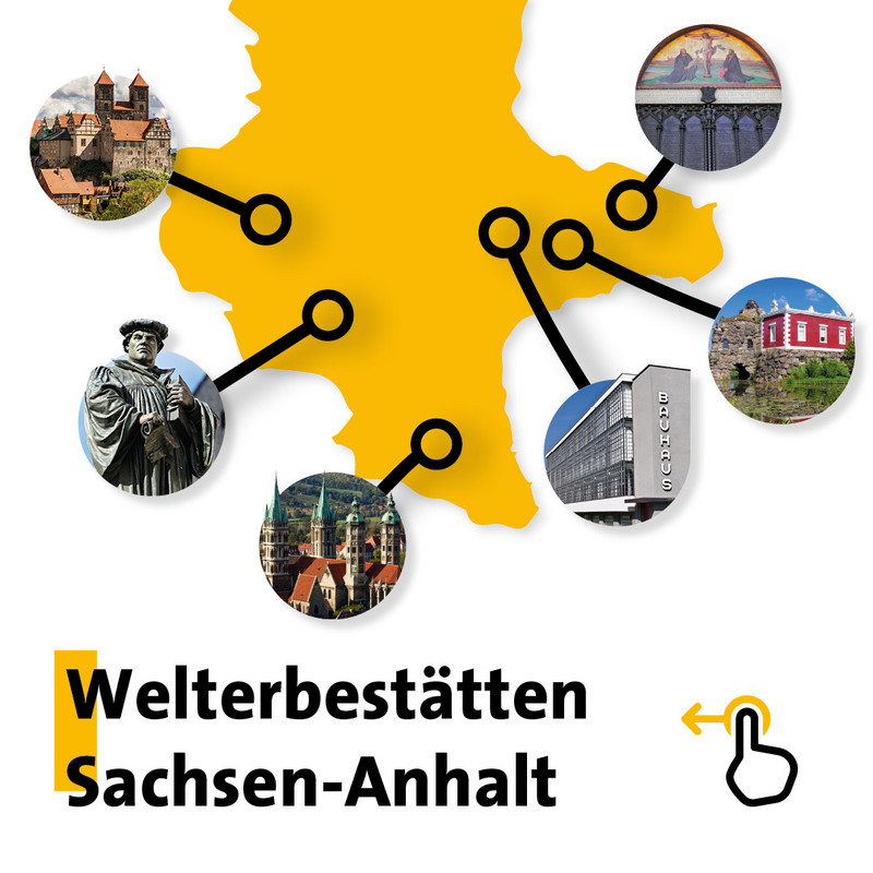 Das Bild zeigt eine Karte Sachsen-Anhalts mit den UNESCO-Welterbestätten.