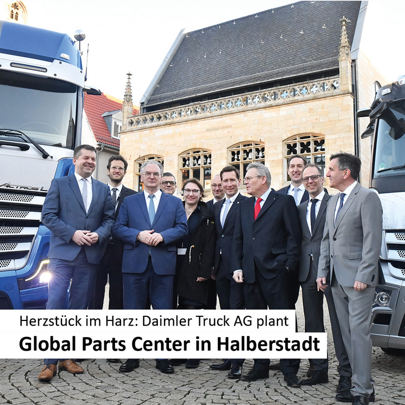Das Bild zeigt Ministerpräsident Dr. Reiner Haseloff und Wirtschaftminister Sven Schulze bei der offiziellen Präsentation des Ansiedlungsvorhabens der Daimler Truck AG in Halberstadt.